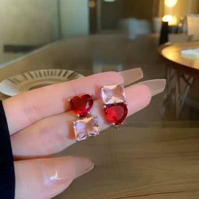 Dual Heart & Square Stone Stud Earrings