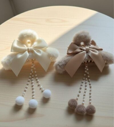 Fur Bow Pearl Drop Hair Claw