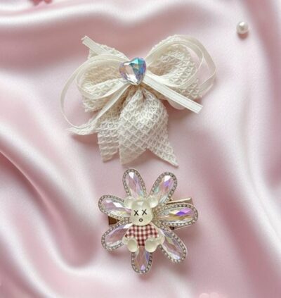 Ivory Lace Bow & Crystal Flower Clip Set