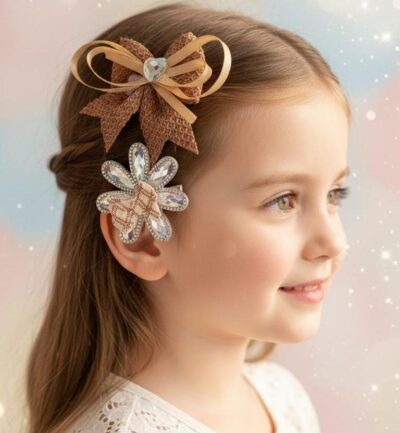 Golden Mocha Bow & Crystal Flower Clip Set