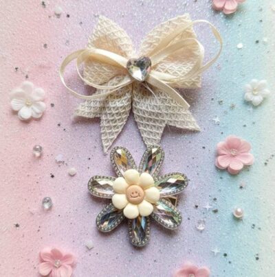 Ivory Lace Bow & Crystal Daisy Clip Set