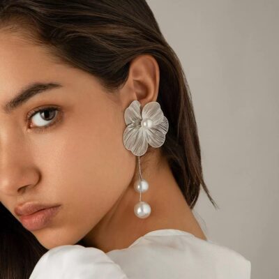 Silver Floral Pearl Drop Earrings