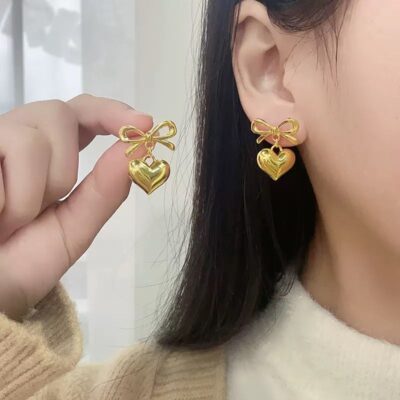 Golden Bow Heart Earrings