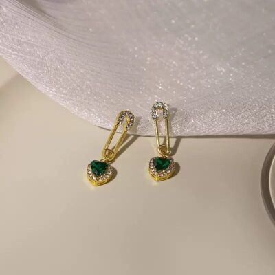 Emerald Heart Pin Drop Earrings